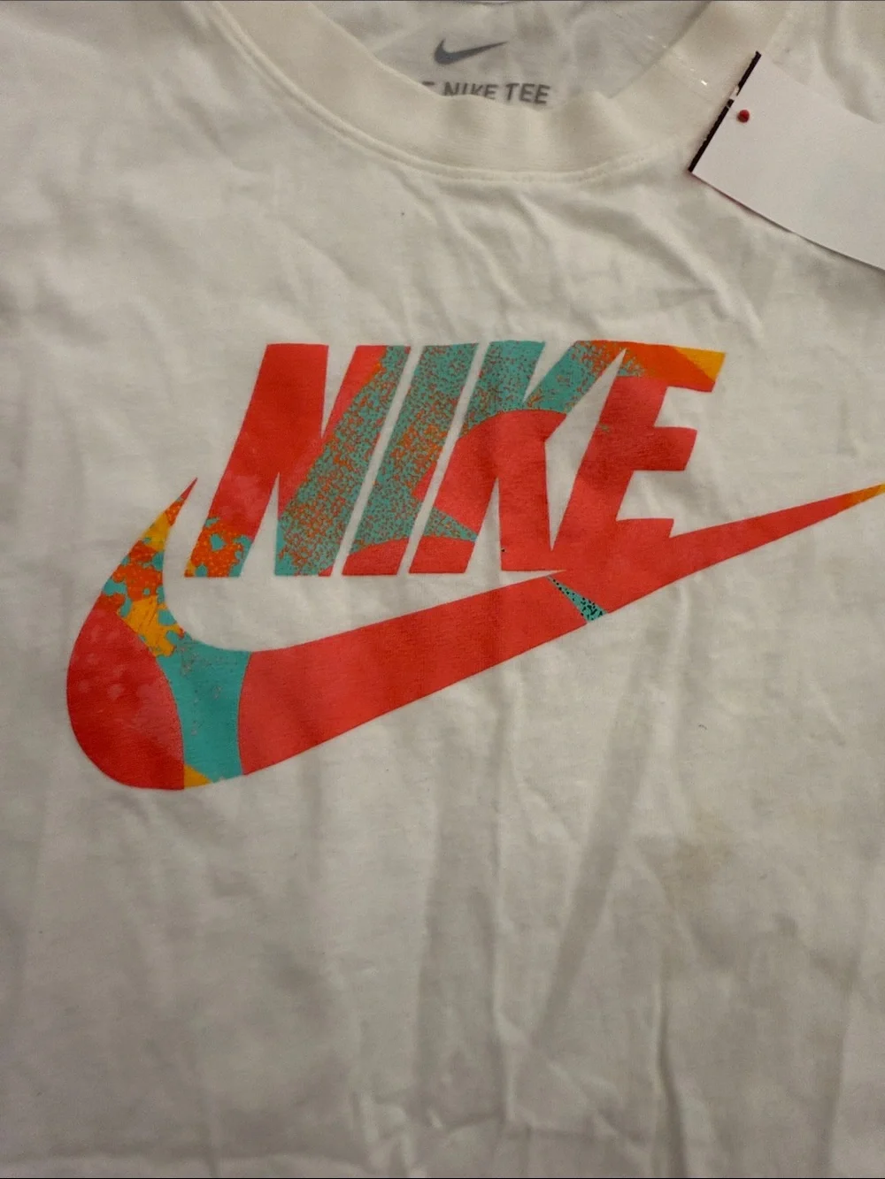 Nike White Short Sleeve Tee with Multicolor Swoosh Medium